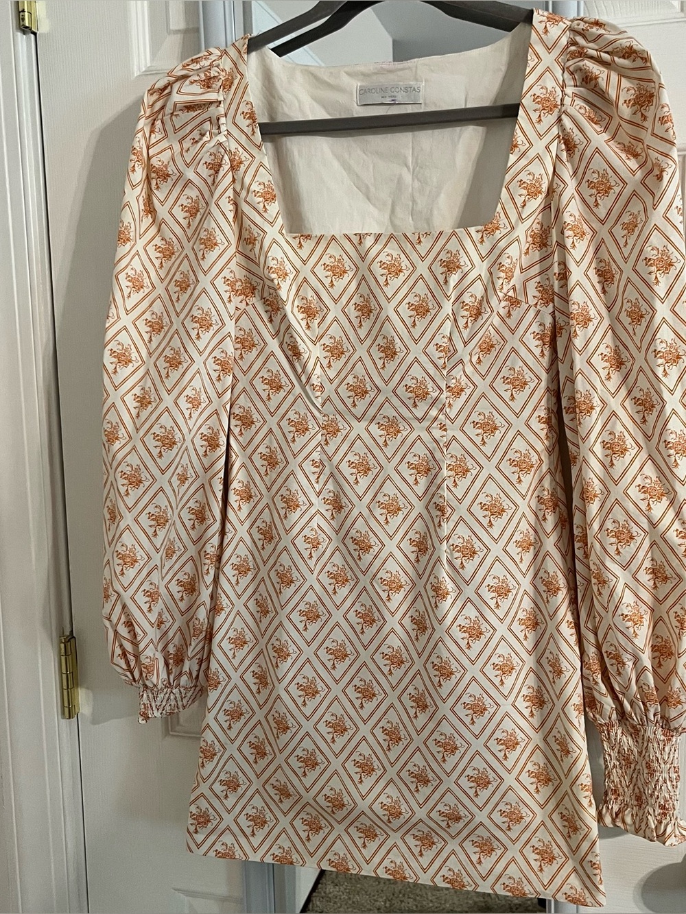 Caroline Constas Cream and Rust Diamond Print Puff Sleeve Dress